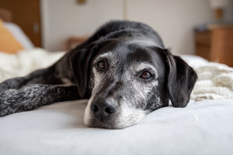 Elderly dog resting calmly on bed with soft blanket
